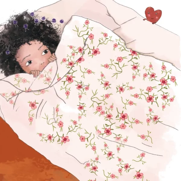 A little girl with curly hair peacefully rests in bed surrounded by beautiful flowers.