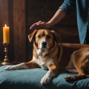 Golden colored dog being treated with Reiki. Person holding hand over animal