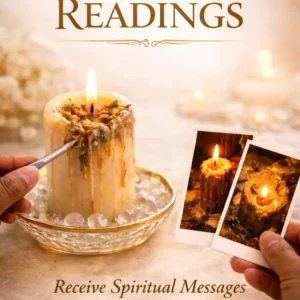 A person scrapes a burned candle while holding two photos of the same candle; text reads "Candle Readings: Receive Spiritual Messages from Burned Candles.