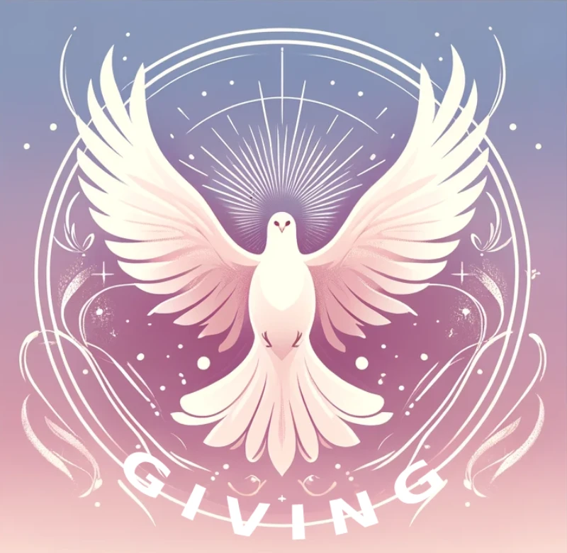 white dove with wings spread wide apart with the word giving shown underneath. dontations