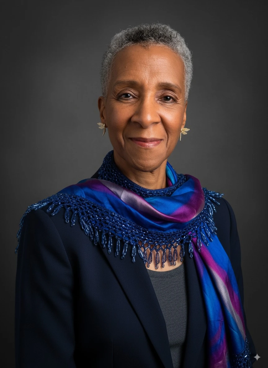 Holistic healing through Energy Kinesiology, Reiki, Aromatherapy, and more.. Reverend doctor Adara Walton smiling for a photo wearing a blue and purple silk blouse.